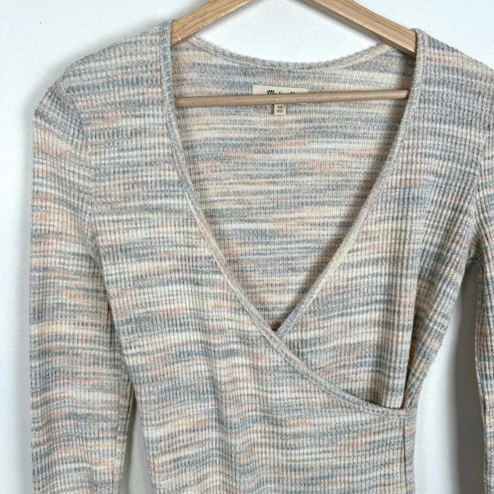 Madewell Space-Dye Faux-Wrap Knit Sweater Top Soft Rainbow Size XS Long Sleeve